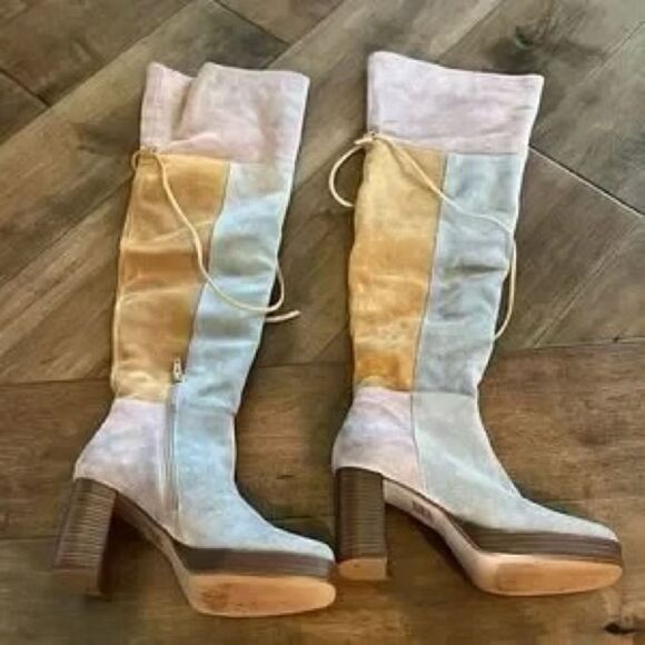 Free People Echo Platform Over-The-Knee Boots Soft Pieced Leather Patches US 7.5 - Picture 11 of 12